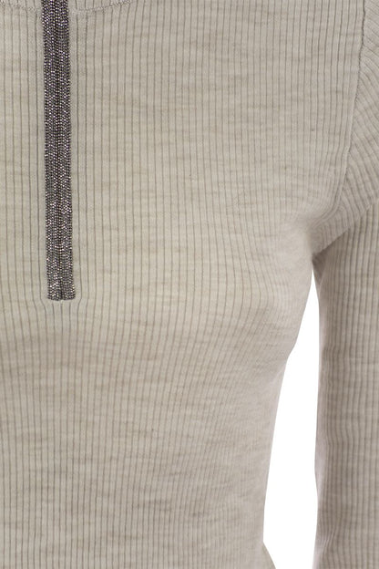 Lightweight ribbed virgin wool and cashmere sweater with Precious Half Zip