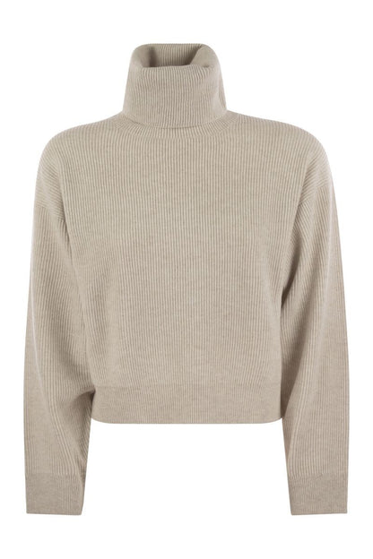 Turtleneck sweater in virgin wool, cashmere and silk rib