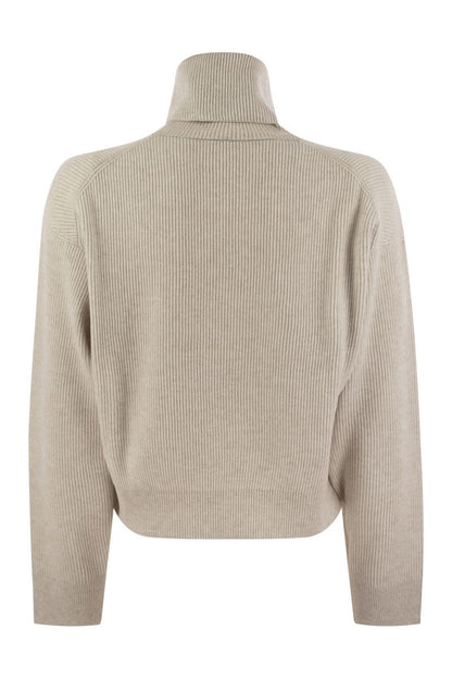 Turtleneck sweater in virgin wool, cashmere and silk rib