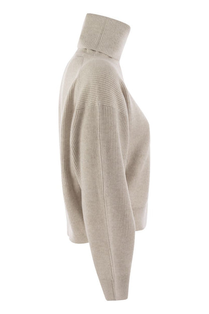 Turtleneck sweater in virgin wool, cashmere and silk rib