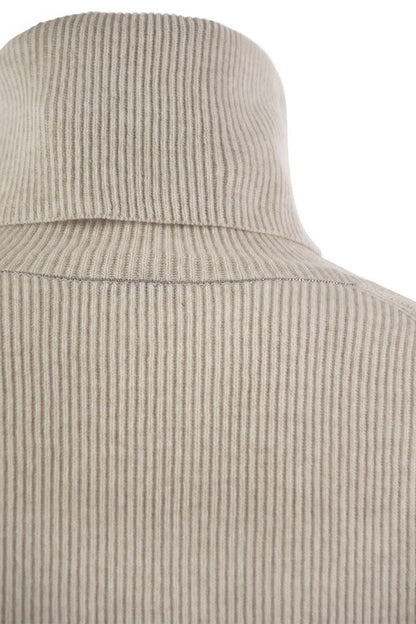 Turtleneck sweater in virgin wool, cashmere and silk rib