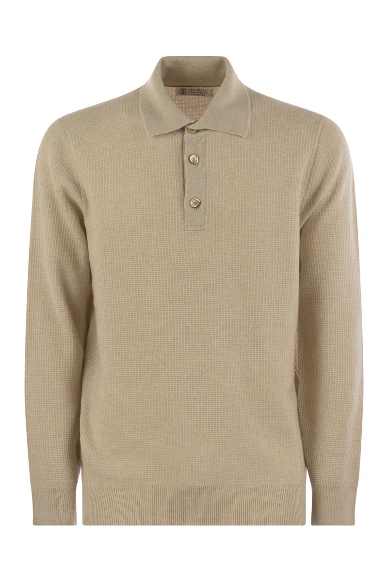 Waffle stitch cashmere knit polo shirt with long sleeve