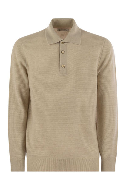 Waffle stitch cashmere knit polo shirt with long sleeve