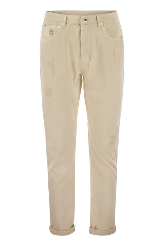 Garment-dyed Traditional Fit Five-pocket Trousers in Slubbed Cotton Denim