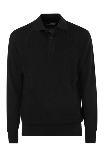 Cotton rib knit polo shirt with long raglan sleeve