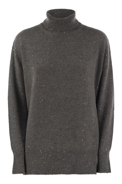 Cashmere and silk turtleneck sweater with micro sequins