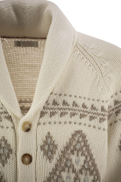 Geometric Jacquard cashmere feather cardigan with shawl collar