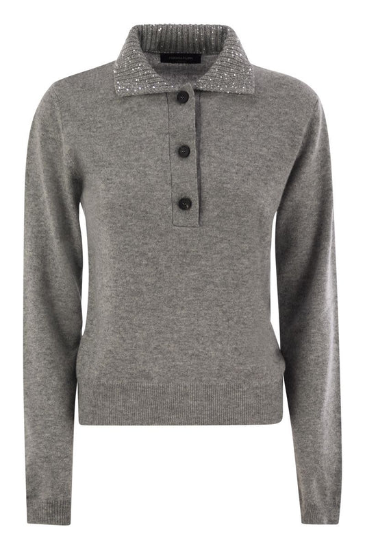 Wool, silk and cashmere polo collar sweater