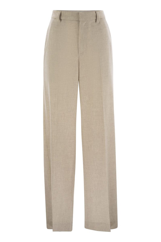 Wide high-waisted wool and cashmere trousers with necklace