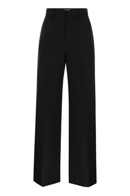 Wide high-waisted wool and cashmere trousers with necklace