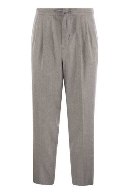 Leisure fit trousers in virgin wool flannel with drawstring and double darts