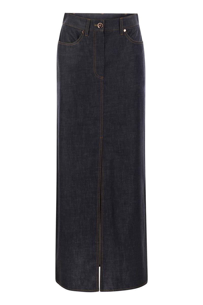 Long five-pocket skirt in Wet-Effect light denim with Shiny Tab