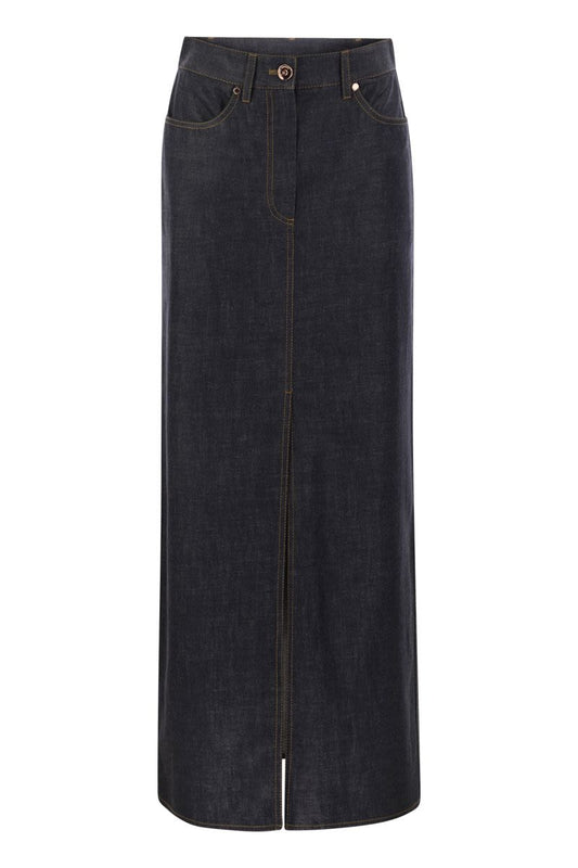 Long five-pocket skirt in Wet-Effect light denim with Shiny Tab