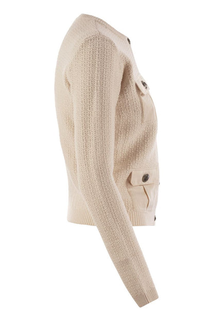 Bouclé wool cardigan with technical sail cloth pockets