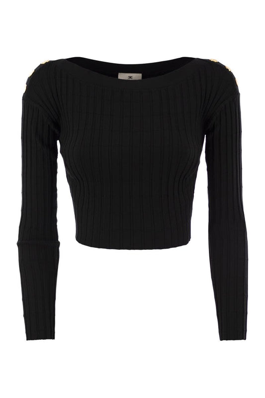 Ribbed viscose cropped sweater with button placket