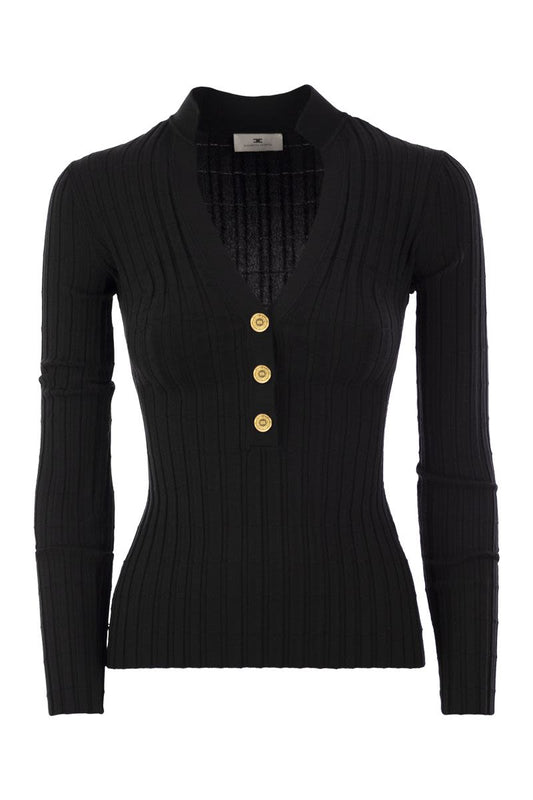 Ribbed viscose sweater with button placket