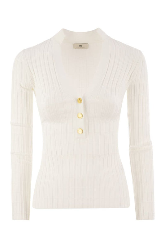 Ribbed viscose sweater with button placket