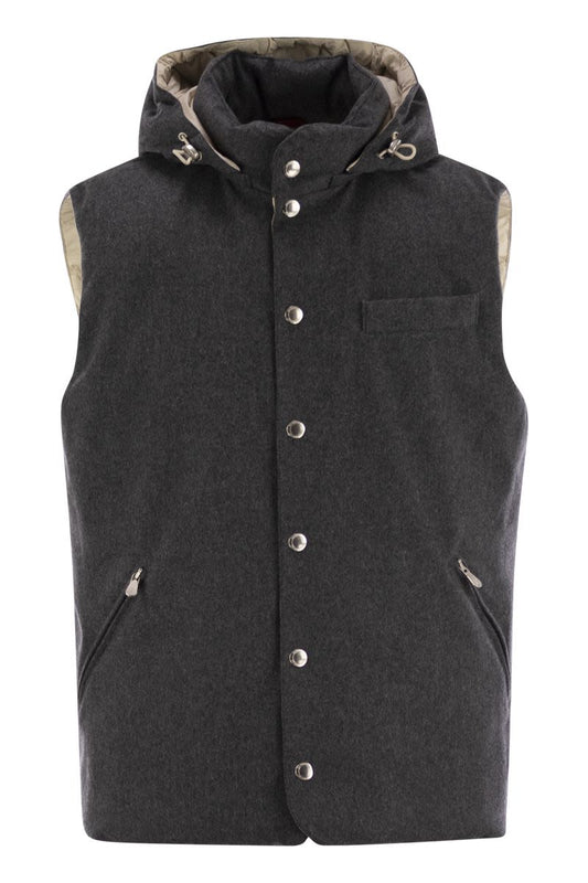 Sleeveless down jacket in membraned wool flannel with detachable hood