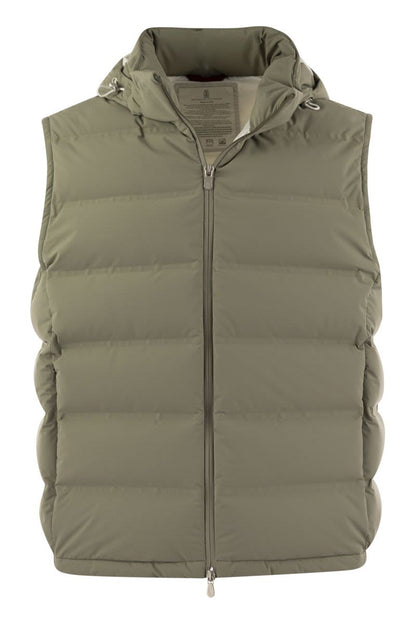 Sleeveless down jacket in membraned taffeta with heat tapes and detachable hood