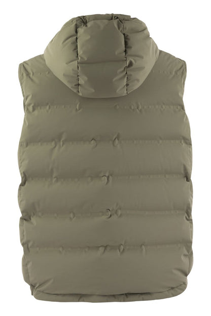 Sleeveless down jacket in membraned taffeta with heat tapes and detachable hood