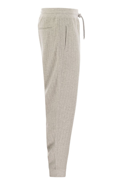 Double pinstripe plush trousers in cotton, cashmere and silk