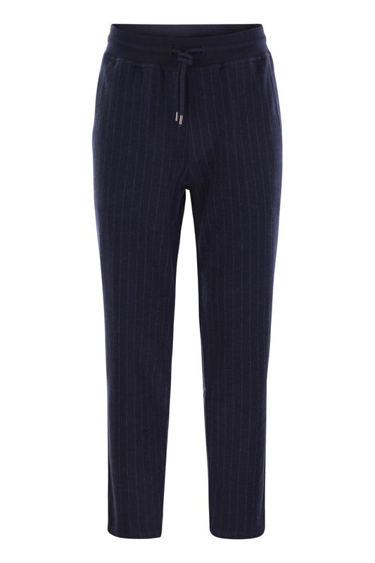 Double pinstripe fleece trousers in cotton, cashmere and silk