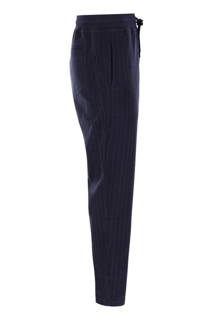 Double pinstripe fleece trousers in cotton, cashmere and silk