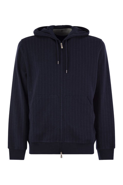 Double pinstripe fleece topwear in cotton, cashmere and silk with zip and hood