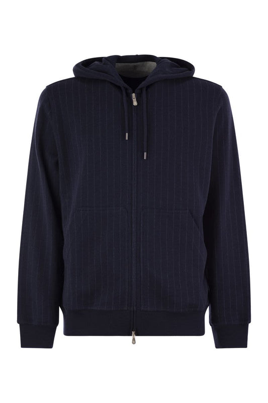 Double pinstripe fleece topwear in cotton, cashmere and silk with zip and hood