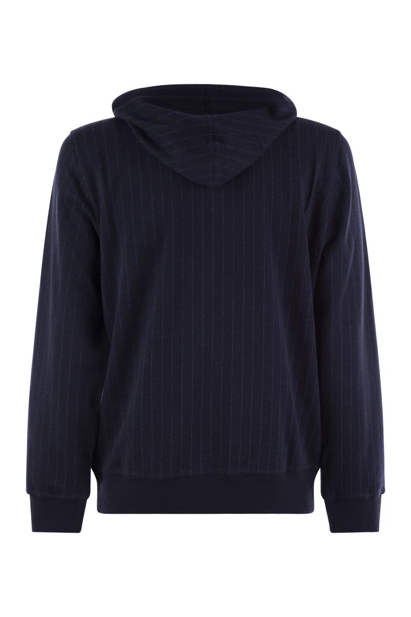 Double pinstripe fleece topwear in cotton, cashmere and silk with zip and hood