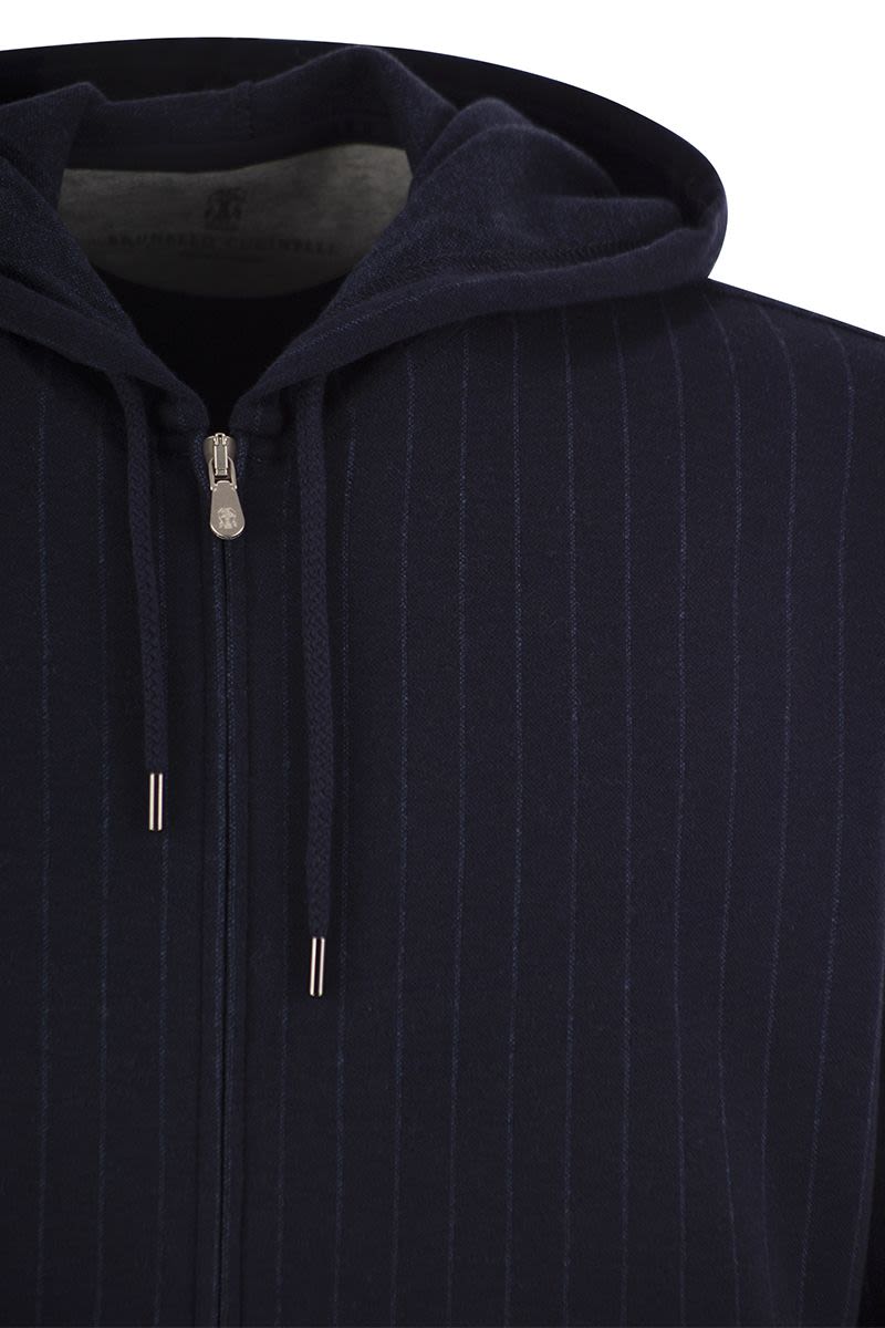 Double pinstripe fleece topwear in cotton, cashmere and silk with zip and hood