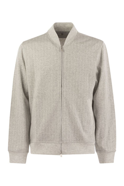 Double pinstripe fleece topwear in cotton, cashmere and silk with zip