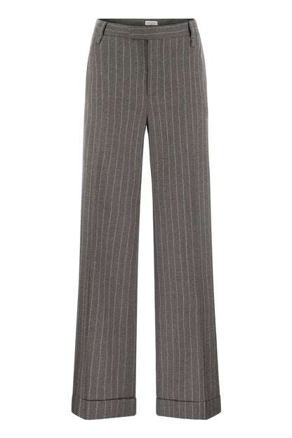 Loose Flared trousers in virgin wool mouliné pinstripe with beadwork