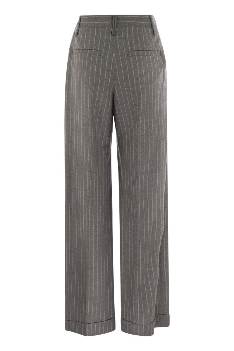 Loose Flared trousers in virgin wool mouliné pinstripe with beadwork