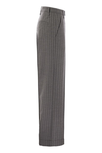 Loose Flared trousers in virgin wool mouliné pinstripe with beadwork