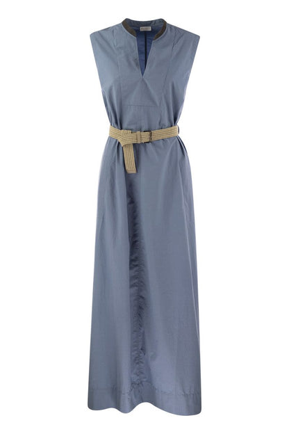 Wrinkled light cotton poplin dress with raffia belt and Precious Neckline