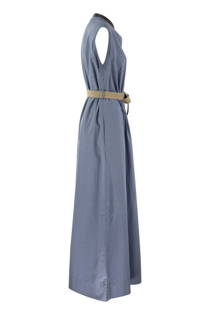 Wrinkled light cotton poplin dress with raffia belt and Precious Neckline