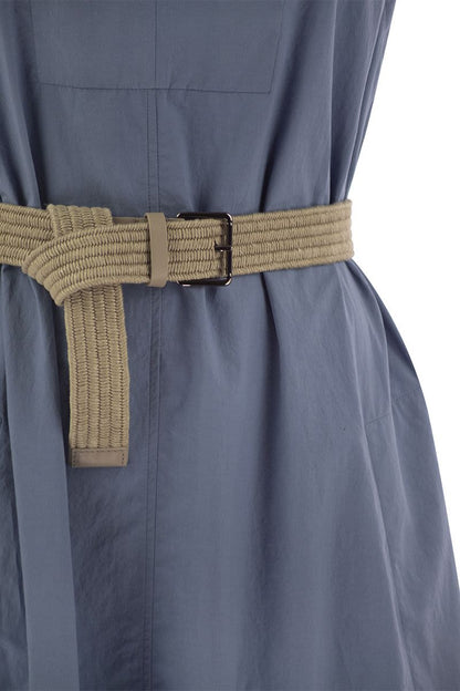 Wrinkled light cotton poplin dress with raffia belt and Precious Neckline