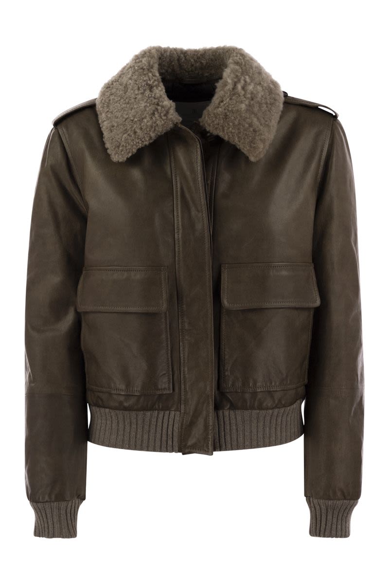 Leather bomber jacket and shearling collar