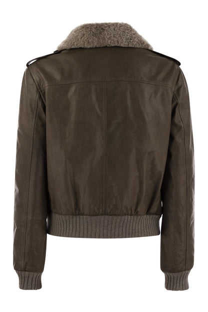 Leather bomber jacket and shearling collar