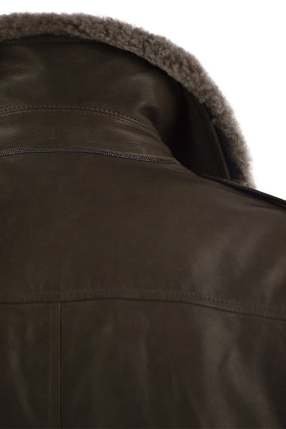 Leather bomber jacket and shearling collar