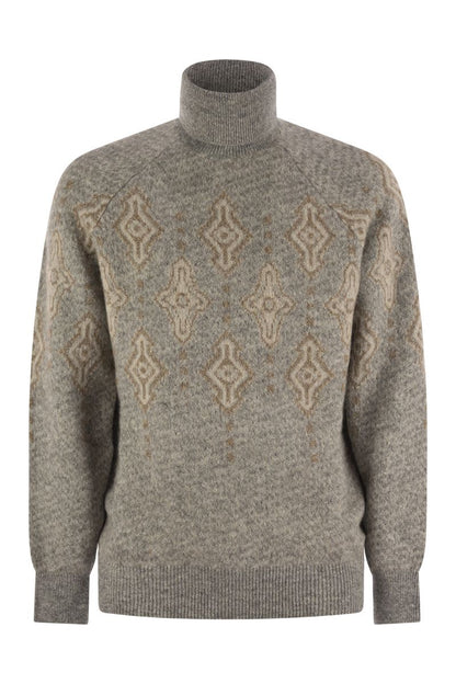 Geometric Jacquard turtleneck sweater in alpaca, cotton and wool