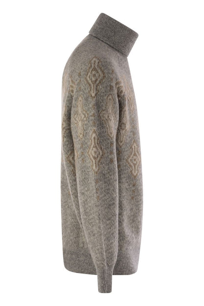 Geometric Jacquard turtleneck sweater in alpaca, cotton and wool