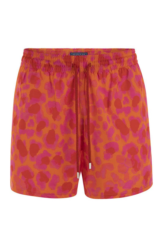 Stretch beach shorts with patterned print