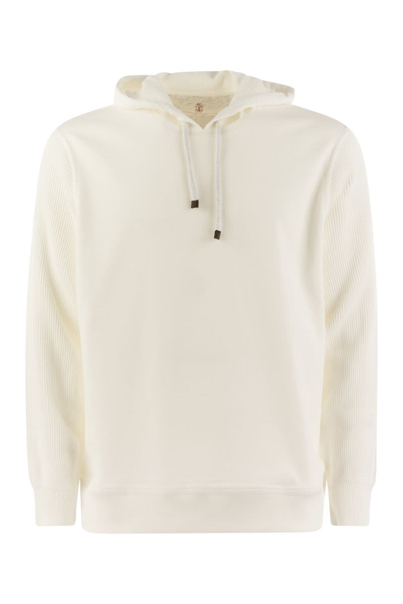 Cotton fleece topwear with hood and ribbed cotton knit sleeve