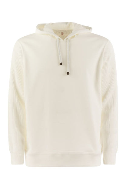 Cotton fleece topwear with hood and ribbed cotton knit sleeve