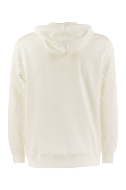 Cotton fleece topwear with hood and ribbed cotton knit sleeve