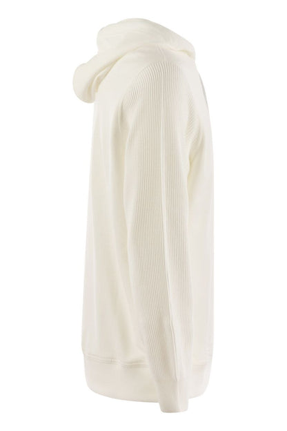 Cotton fleece topwear with hood and ribbed cotton knit sleeve