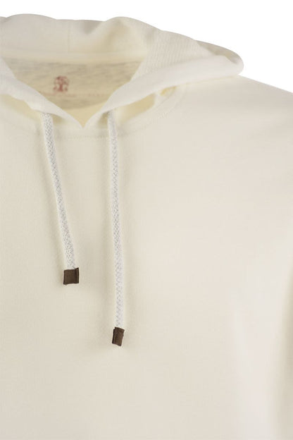 Cotton fleece topwear with hood and ribbed cotton knit sleeve