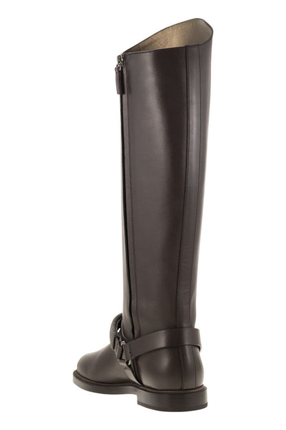 Mat Calf Boots with Precious Ribbed Strap